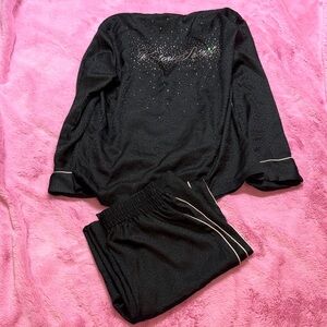 Victoria's Secret Black Leopard Print Pink Trim Rinestone Embellished Pajama Set